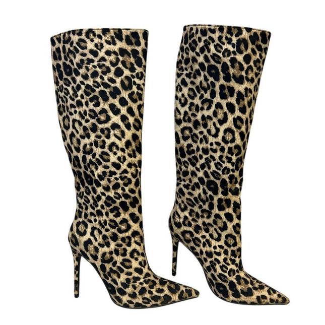 Caglglz Womens Size 7 Leopard Print 4.25" Heel Boot Pointed Toe Thigh High Shoes