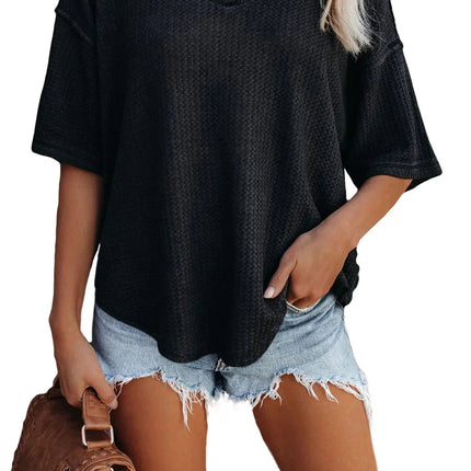 Blue Exposed Seam Drop Sleeve V Neck Waffle Textured Top