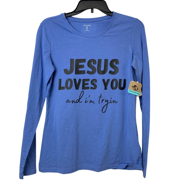 New Hand Printed Womens Small Jesus Loves You Blue Long Sleeve Crew Tee Shirt