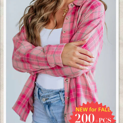 Sachet Pink Plaid Rounded Hem Long Sleeve Shirt