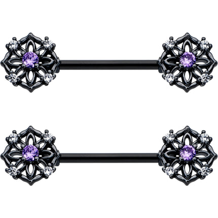 14G 9/16 Purple CZ Gem Black Flower Ring Barbell Nipple Ring Set