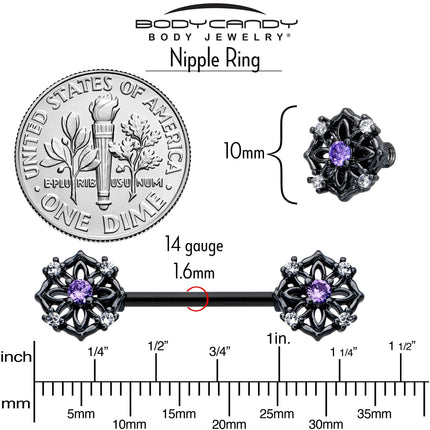 14G 9/16 Purple CZ Gem Black Flower Ring Barbell Nipple Ring Set
