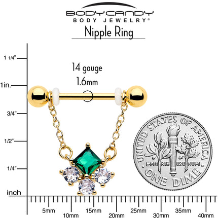 14G 9/16 Green CZ Gem Gold Tone Rhombus Riot Dangle Nipple Ring Set