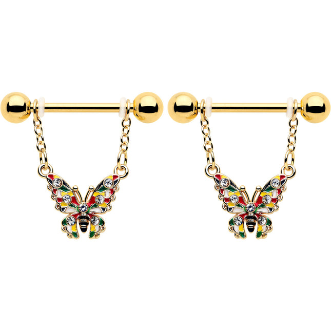 14G 9/16 Clear Gem Gold Tone Color Block Butterfly Dangle Nipple Ring Set