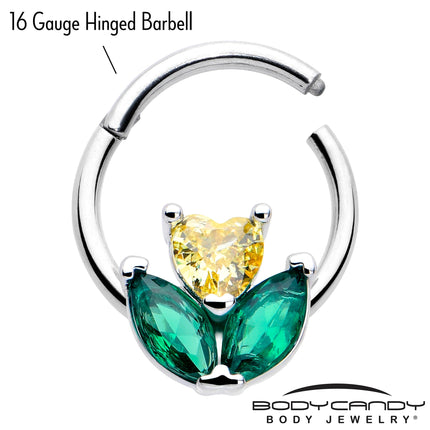 16G 5/16 Yellow Green CZ Gem Love Flower Hinged Segment Ring