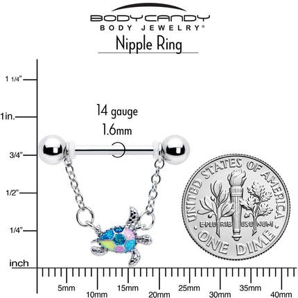 14G 9/16 Glitter Turtle Chain Dangle Nipple Ring Set