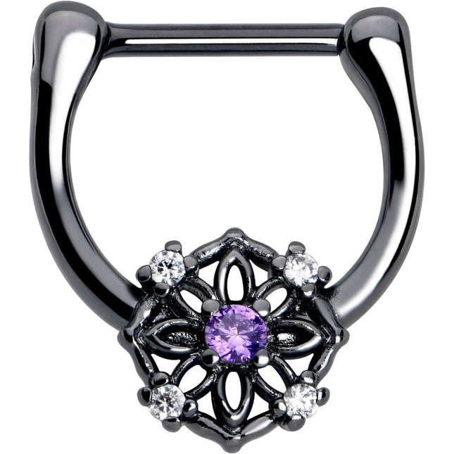 16G 5/16 Purple Clear CZ Gem Black Flower Ring Cartilage Clicker