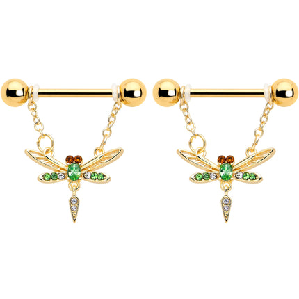 14G 9/16 Green Gem Gold Tone Swank Dragonfly Dangle Nipple Ring Set