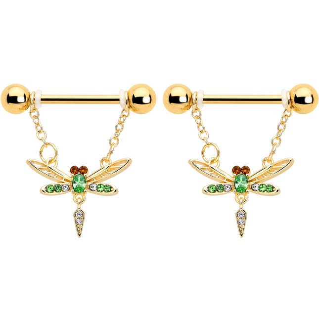 14G 9/16 Green Gem Gold Tone Swank Dragonfly Dangle Nipple Ring Set