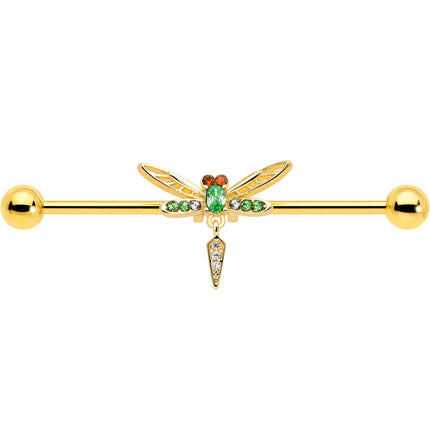 14G Green Gem Gold Tone Swank Dragonfly Dangle Industrial Barbell 38mm