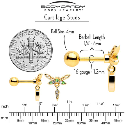 16G 1/4 Green Gem Gold Tone Swank Dragonfly Dangle Cartilage Earring