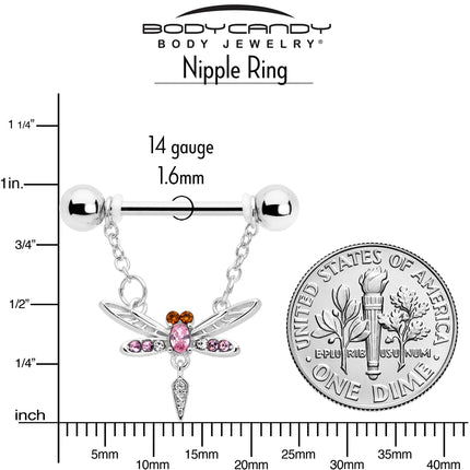 14G 9/16 Pink Gem Swank Dragonfly Dangle Nipple Ring Set