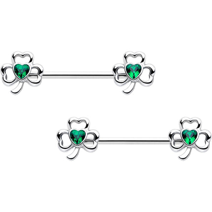 14G 3/4 Green Gem Heart Shamrock St Patricks Nipple Ring Set