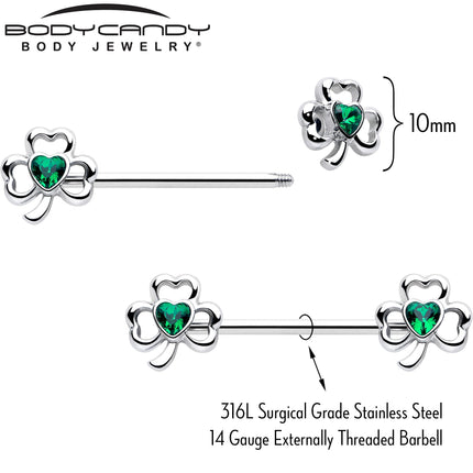 14G 3/4 Green Gem Heart Shamrock St Patricks Nipple Ring Set