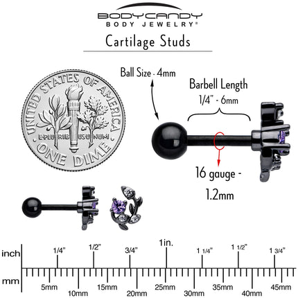 16G 1/4 Purple CZ Gem Black Twining Vine Cartilage Tragus Earring