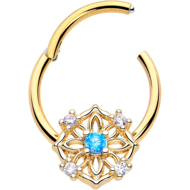 16G 3/8 Blue CZ Gem Gold Tone Flower Ring Hinged Segment Ring