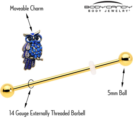14G Blue Gem Gold Tone Sky Owl Industrial Barbell 38mm