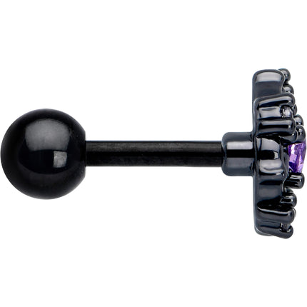 16G 1/4 Purple CZ Gem Black Flower Ring Cartilage Tragus Earring