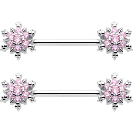 14G 9/16 Pink CZ Gem Snowflake Glam Barbell Nipple Ring Set