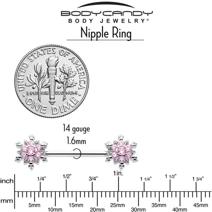 14G 9/16 Pink CZ Gem Snowflake Glam Barbell Nipple Ring Set