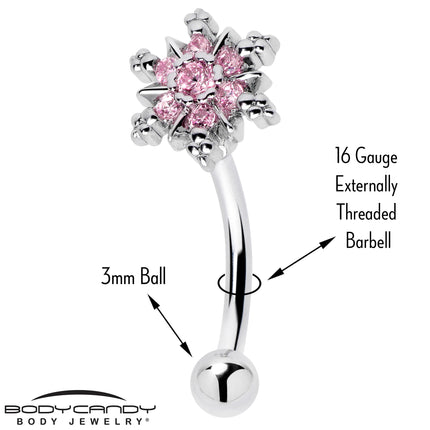 16G 5/16 Pink CZ Gem Snowflake Glam Curved Eyebrow Ring