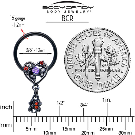 16G 3/8 Red CZ Gem Black Heart Spider Skull Dangle BCR Captive Ring