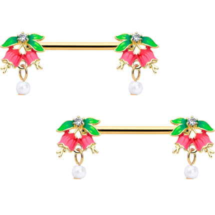 14G 9/16 Clear CZ Gem Gold Hue Bell Flower Barbell Nipple Ring Set
