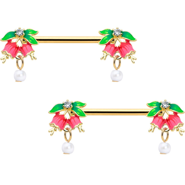 14G 9/16 Clear CZ Gem Gold Hue Bell Flower Barbell Nipple Ring Set