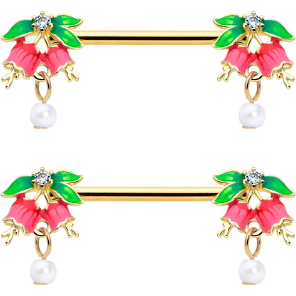 14G 9/16 Clear CZ Gem Gold Hue Bell Flower Barbell Nipple Ring Set