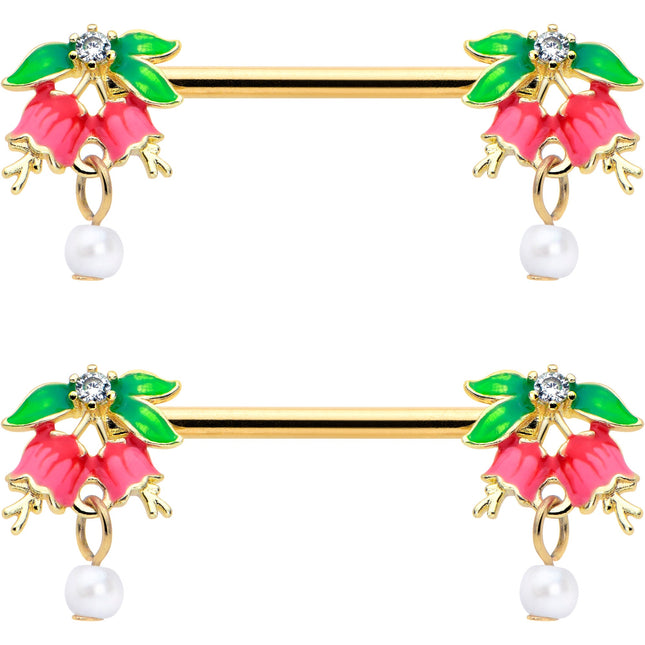 14G 9/16 Clear CZ Gem Gold Hue Bell Flower Barbell Nipple Ring Set