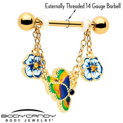 14G 9/16 Yellow Gem Gold Tone Butterfly Colors Dangle Nipple Ring Set