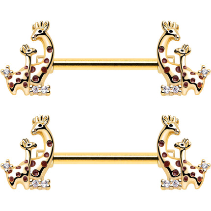 14G 9/16 Clear CZ Gem Gold Tone Mom Baby Giraffes Nipple Ring Set