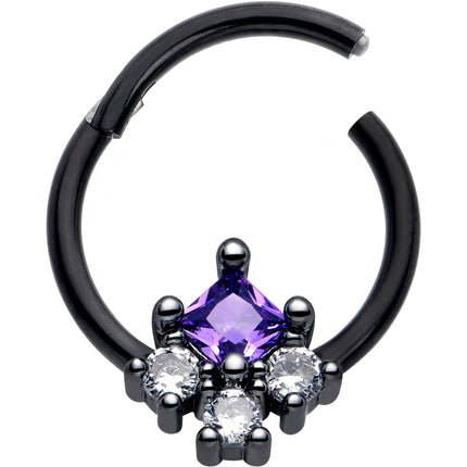 16G 3/8 Purple CZ Gem Black Rhombus Riot Hinged Segment Ring