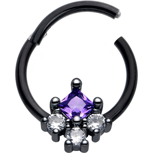 16G 3/8 Purple CZ Gem Black Rhombus Riot Hinged Segment Ring