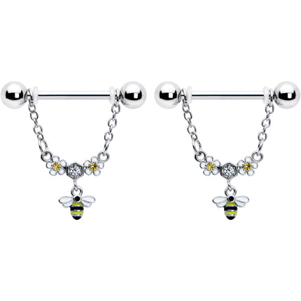 14G 9/16 Yellow CZ Gem Flower Bee Chain Dangle Nipple Ring Set