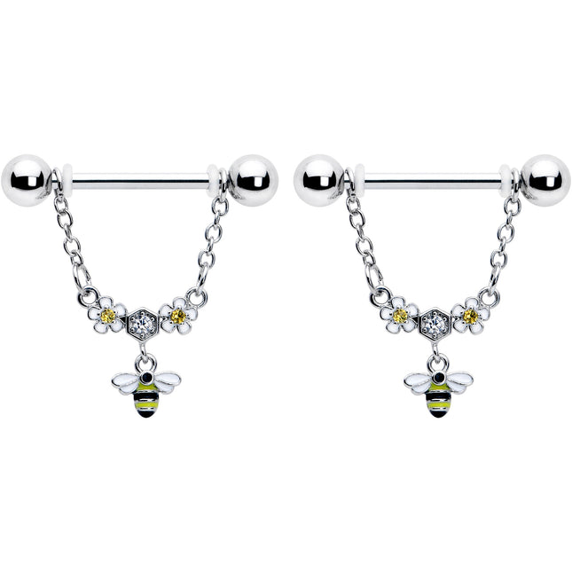 14G 9/16 Yellow CZ Gem Flower Bee Chain Dangle Nipple Ring Set