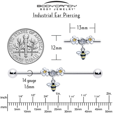 14G Yellow CZ Gem Flower Bee Dangle Industrial Barbell 38mm