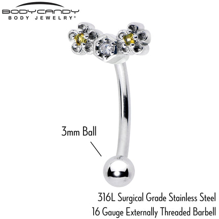 16G 5/16 Yellow CZ Gem Flower Honeycomb Curved Eyebrow Ring