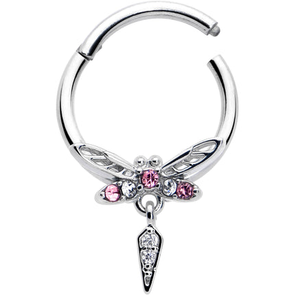 16G 3/8 Pink Gem Swank Dragonfly Dangle Hinged Segment Ring
