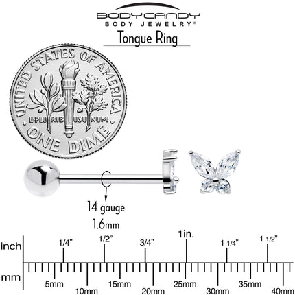 Clear CZ Gem Open Wing Butterfly Barbell Tongue Ring