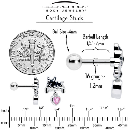 16G 1/4 Pink CZ Gem Sleepy French Bulldog Dangle Cartilage Earring