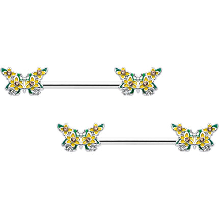 14G 9/16 Yellow CZ Gem Blooming Butterfly Barbell Nipple Ring Set