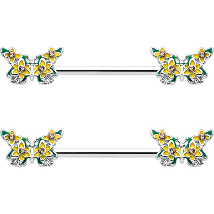 14G 9/16 Yellow CZ Gem Blooming Butterfly Barbell Nipple Ring Set