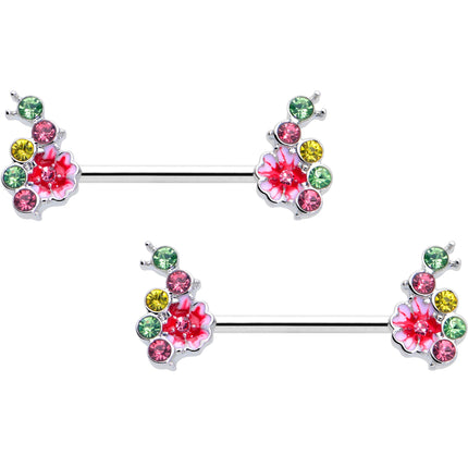 14G 9/16 Green Pink Gem Caterpillar Flower Barbell Nipple Ring Set