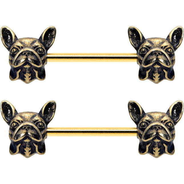14G 5/8 Gold Tone Anodized French Bulldog Barbell Nipple Ring Set