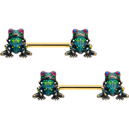 14G 5/8 Gold Tone Anodized Colorful Tree Frog Nipple Ring Set