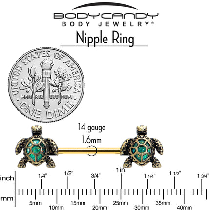 14G 5/8 Gold Tone Anodized Sea Turtle Style Barbell Nipple Ring Set