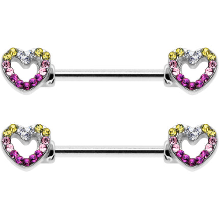 14G 9/16 Romance Gem Open Heart Barbell Nipple Ring Set