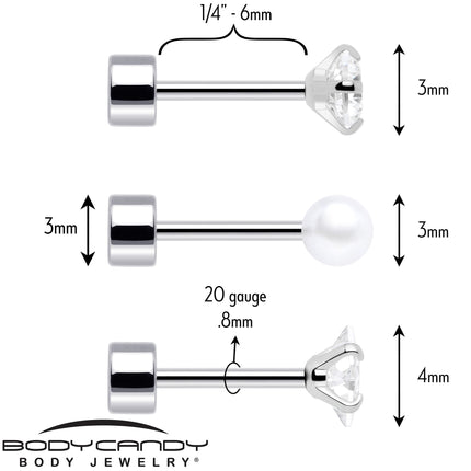 20G Clear Gem White Orb Flatback Earring Set of 6