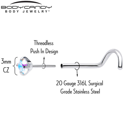 20G 3mm CZ Prong Set Push-In Threadless Nose Screw Nose Ring